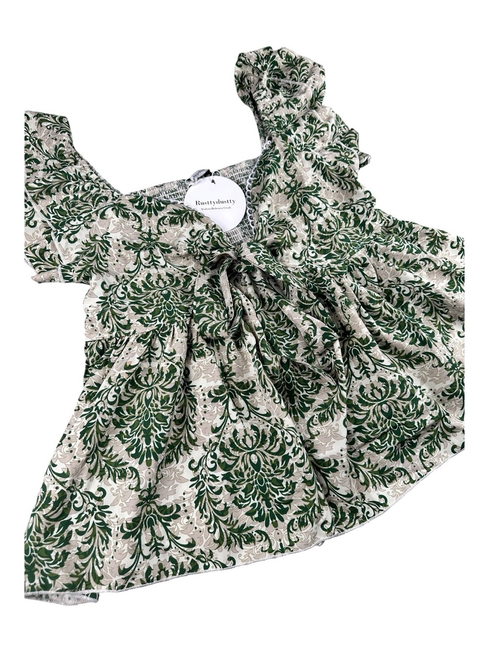 Rustty Dustty Green Floral Ruffle Tie Front Blouse Cottagecore Boho Top 0XL - Picture 3 of 8